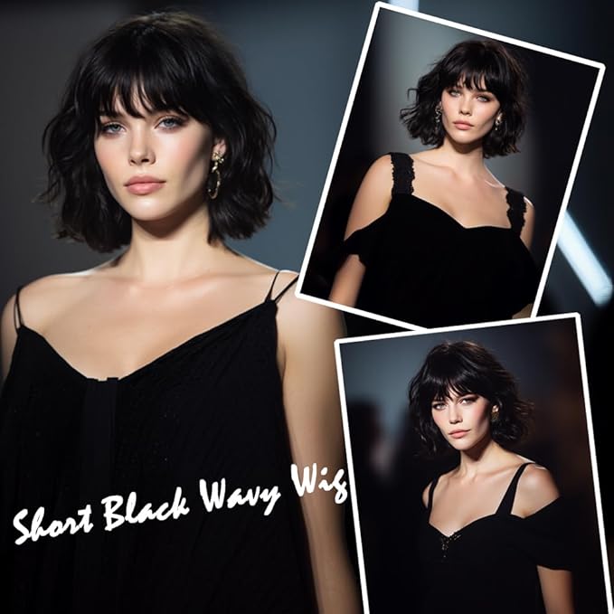 Short Black Bob Wig With Bangs Synthetic Natural Hair Wigs for Women Shoulder Length Wavy Wig 1B Water Wave(14Inches)