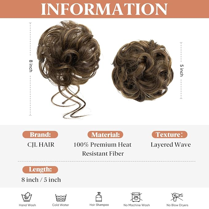 CJL HAIR 2PCS Messy Bun Hair Pieces Wavy Curly Synthetic Updo Chignon Fake Scrunchies Ponytail Extension for Women Coffee Brown