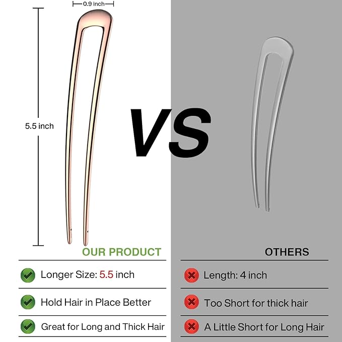 French Hair Pins - Metal Hair Fork Extra Long U Shaped Chignon 2-Prong Sticks for Women Bun Hair Accessories (Rose Gold - 2 Pcs)