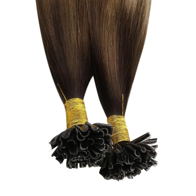 YoungSee Utip Hair Extensions Balayage U Tip Hair Extensions Real Human Hair Ombre Dark Brown to Brown with Blonde Silky Straight 16In 50s/50g