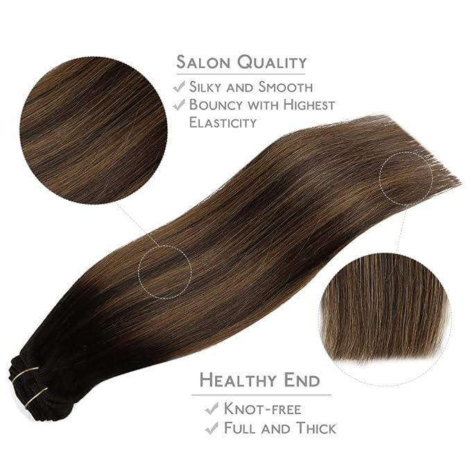 WENNALIFE Clip in Hair Extensions, 150g 14 Inch 9pcs Balayage Dark Brown to Chestnut Brown Human Hair Extensions Thicker Clip in Hair Extensions Real Human Hair Clip Set Double Weft