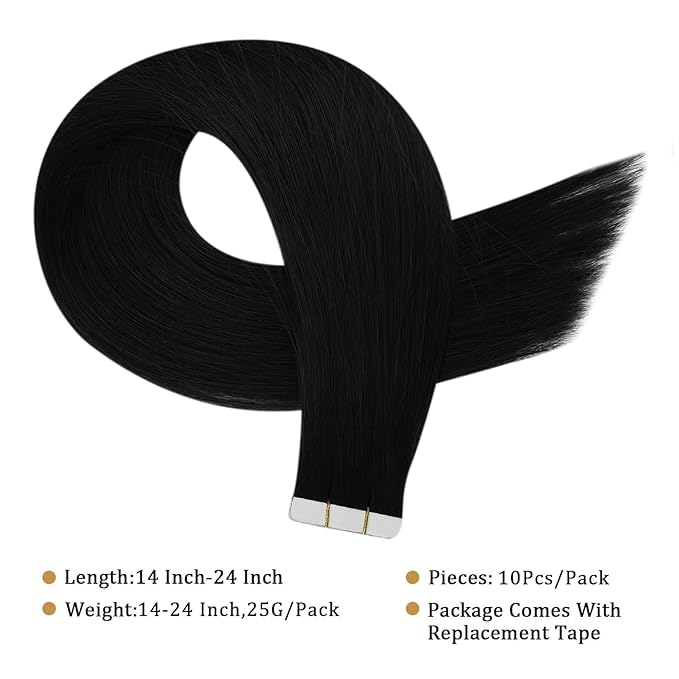 Full Shine 18Inch Black Virgin Tape in Hair Extensions Remy Tape in Human Hair Extensions Color 1 Black 25 Gram Seamless Unprocessed Skin Weft 10Pcs for Women