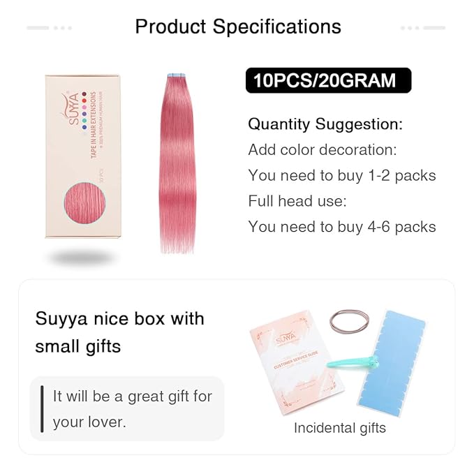 SUYYA Tape in Hair Extensions - Human Hair Hot Pink 12 Inch 10PCS/Pack Straight Tape Extensions 20g