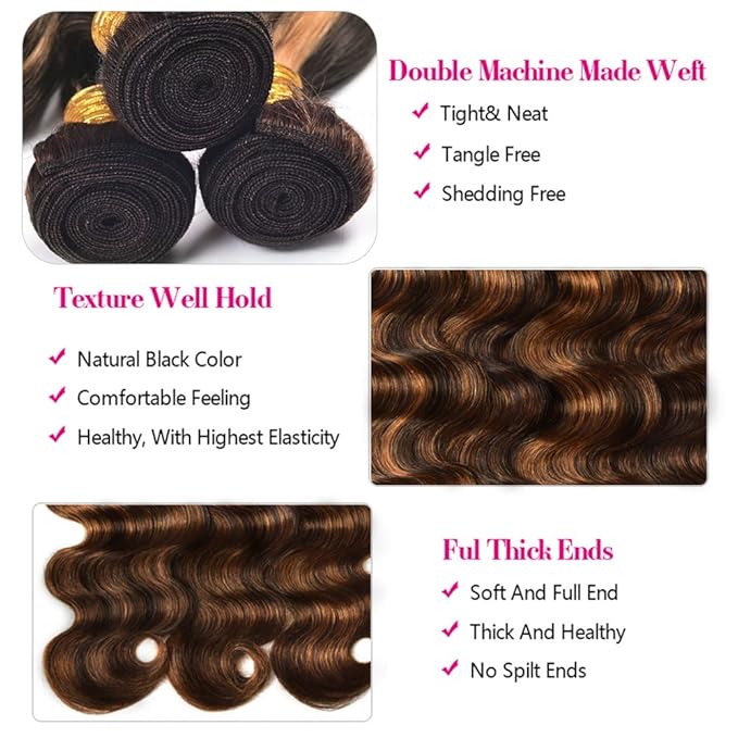 Light Brown Bundles Human Hair Highlight Body Wave Bundle Brazilian Virgin Remy Hair 3 Bundles 18 20 22 Inch Niegmeag 2 Tone Black and Light Brown Body Wave Bundle 300g