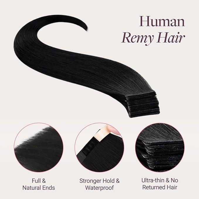 GOO GOO Genius Tape in Hair Extensions, Hand Tied Tape Weft, 1 Jet black, 20inch 50g 20pcs, Remy Human Hair, Seamless Invisible Tape, Natural Blend, Lightweight