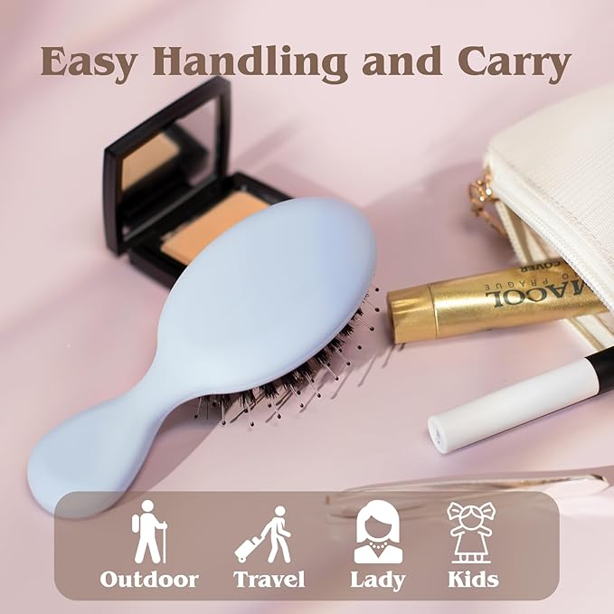Mini Boar Bristle Hair Brush - Boar & Nylon Bristle Small Brush for Women Kids Long Short Hair to Smooth Add Shine - Travel Size Hair Brush for Purse,Pocket - Blue