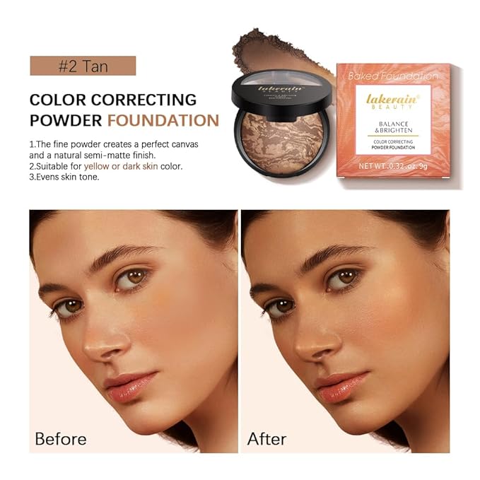 Baked Brighten Foundation, Coror Correcting Baked Balance Foundation,Buildable Coverage, Lightweight Powder Foundation, Creates a Perfect Canvas and a Natural Semi-Matte Finish(02# Tan)