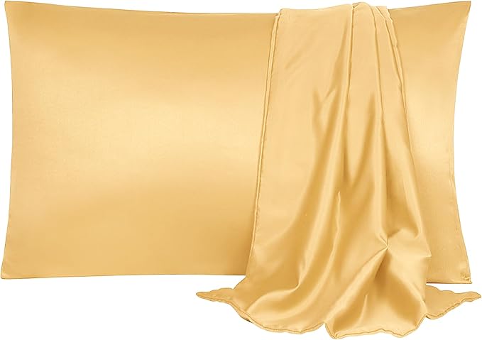 uxcell 2 Pack Silk Satin Pillowcase for Hair and Skin, Cool, Silky, Soft Breathable Pillow Cases King Size 20x36 Inch Sateen Pillowcase Champagne with Envelope Closure