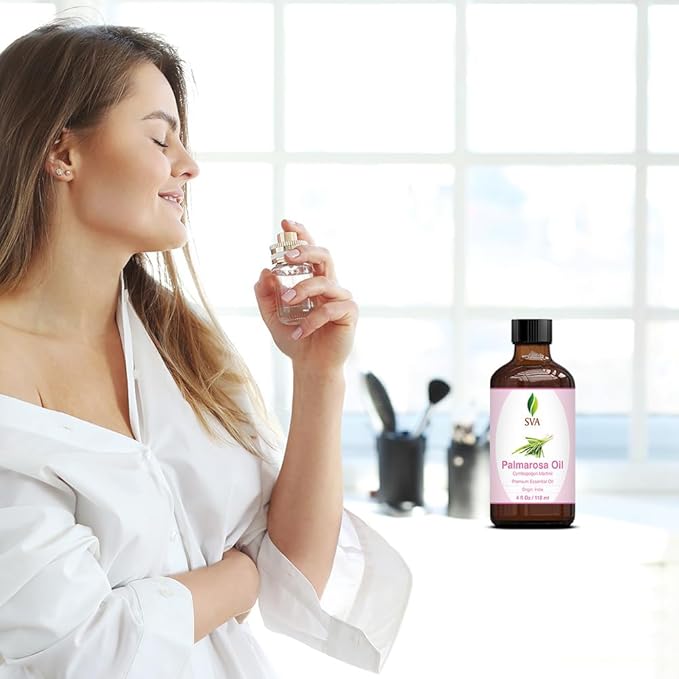 SVA Palmarosa Essential Oil – 4 Fl Oz – 100% Natural Palmarosa Oil - for Diffuser, Hair Care, Face, Skin Care, Aromatherapy, Scalp and Body Massage, Soap and Candle Making – with Dropper