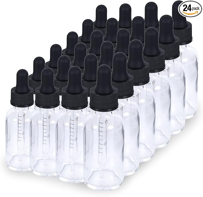 1 oz Dropper Bottle 24 Pack Clear Glass Boston Bottles 30ml with Eye Droppers Black Caps for Essential Oils, Perfume, Leak Proof Travel Bottles for Liquids