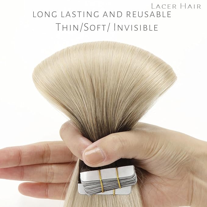 Lacer Hair Extensions Tape in Human Hair Natural Balayage R#2/60 Darkest Brown to Platinum Blonde Seamless PU Skin Weft 22 Inch Tape In Hair Extensions Real Remy Human Hair Double Side 100g 40pcs