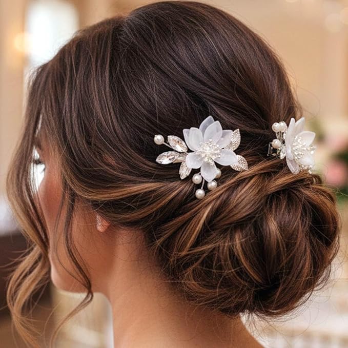 Heread Flower Bride Wedding Hair Clips Silver Leaf Bridal Hair Barrette Pearl Hair Accessories for Women and Girls (Pack of 2)