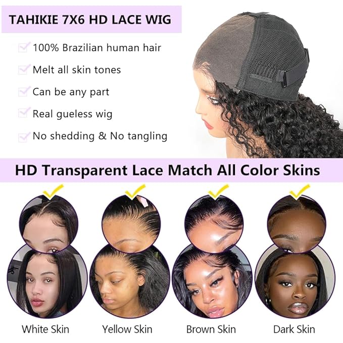 7x6 Burmese Curly Glueless Wigs Human Hair Pre Plucked Pre Cut 250% Density Drawstring Wig Human Hair 7x6 HD Lace Front Wigs Human Hair for Black Women Wear and Go Glueless Wig Natural Color 22inch