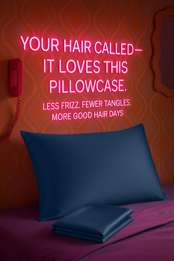 BLISSFORD Satin Pillowcase with Zipper, for Hair and Skin Care, Feels Soft and Cool Like a Silk Pillowcase, Satin Pillow Cases 2 Pack, Slik Pillow Cover, Navy - Standard Size, Set of 2