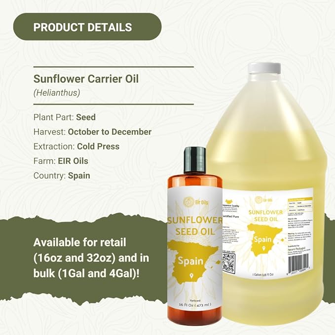 Nature Packaged Sunflower Carrier Oil (1Gal) - Direct from EIR Oils' Farmland in the Sunny Fields of Spain - 100% Pure Carrier Oil for Hair, Face, and Skin