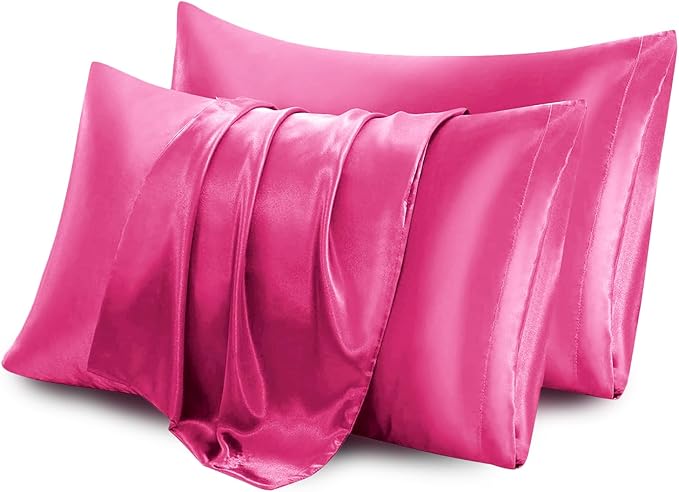Aormenzy Satin Pillow Cases for Women Queen Size Set of 2, Hot Pink Satin Pillowcase for Hair with Envelope Closure Silky Pillow Covers Wrinkle, Fade Resistant (20x30 Inches)
