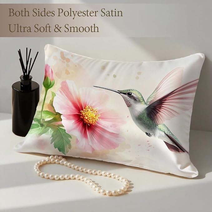 1 Pack Satin Pillowcase for Hair and Skin Watercolor Hummingbird and Flower Imitation Silk Pillowcase with Hidden Zipper Soft Breathable Pillow Cover Standard Size for Bedroom Sofa 20”x26”