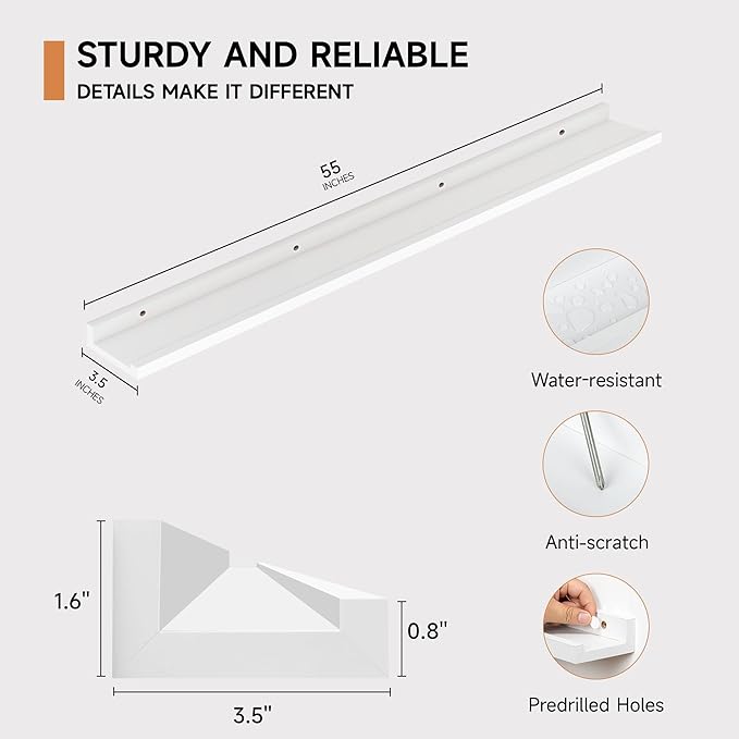 Floating Picture Ledge Shelves for Wall Set of 2, 55 Inches Picture Shelf with Ledge, Nursery Book Shelf for Toys Storage Kids Bookshelf Wall Mounted Living Room Bedroom Decor Frames, White