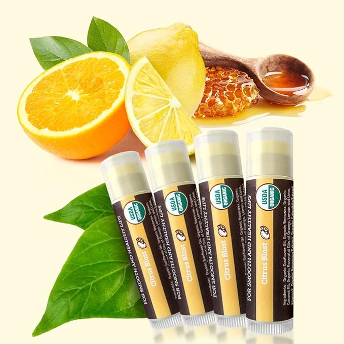 USDA Organic Lip Balm 4-Pack by Earth's Daughter - Citrus Flavor, Beeswax, Coconut Oil, Vitamin E - Best Lip Repair Chapstick for Dry Cracked Lips.