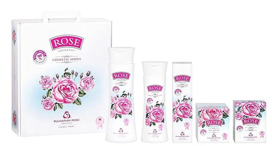 Bulgarian Rose 5 Piece Gift Set with Bulgarian Natural Rose Soap, Rose Body Wash, Rose Hand Cream, Rose Day Face Cream, Rose Micellar Water