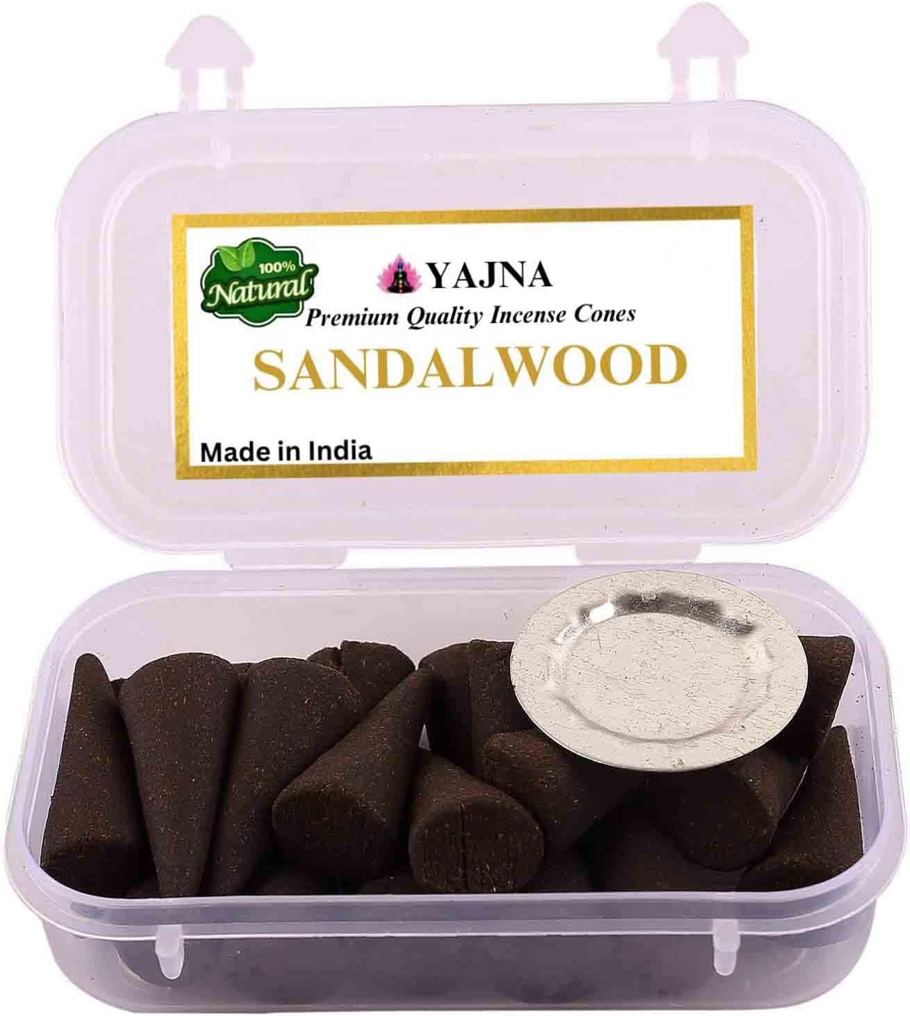 Yajna Sandalwood 100%-Natural-Incense-Cones Handmade-Hand-Dipped Organic-Chemicals-Free for-Purification-Relaxation-Positivity-Yoga-Meditation The-Best-scents (20 Count)