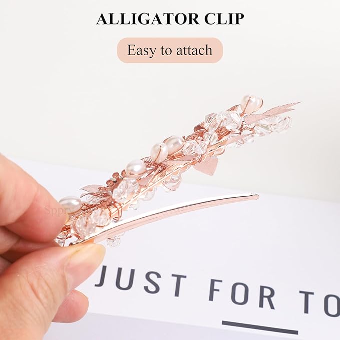 Floral Crystal Pearl Alligator Hair Clip and Rhinestone Bobby Pins, Elegant Hair Accessories for Bridal Women in Wedding or Prom, Set of 3 (Gold)