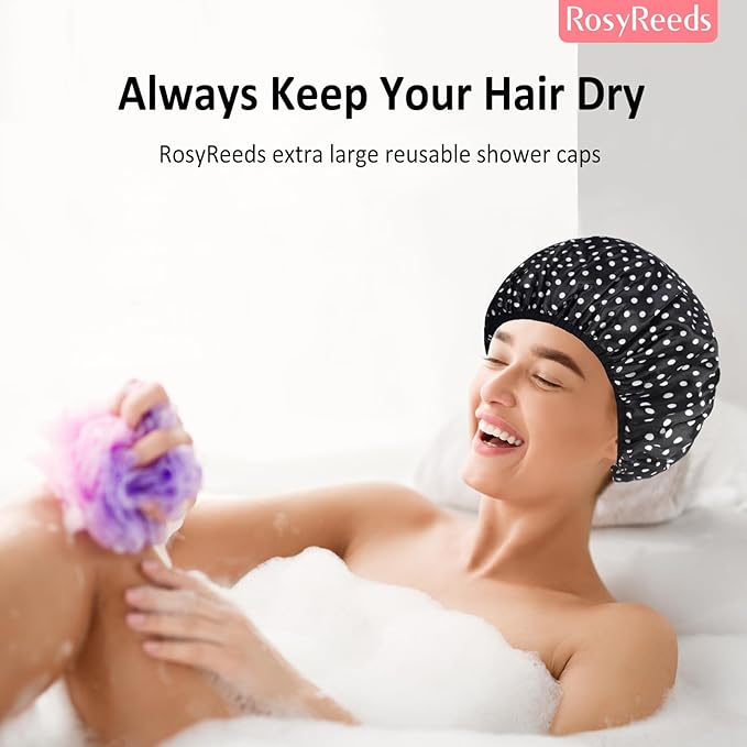 2-Pack Reusable Waterproof Shower Caps for Women, Double-Layer Elastic Bath hat,Extra Large Hair Cap for Long Curly Hair（Black, Pink）