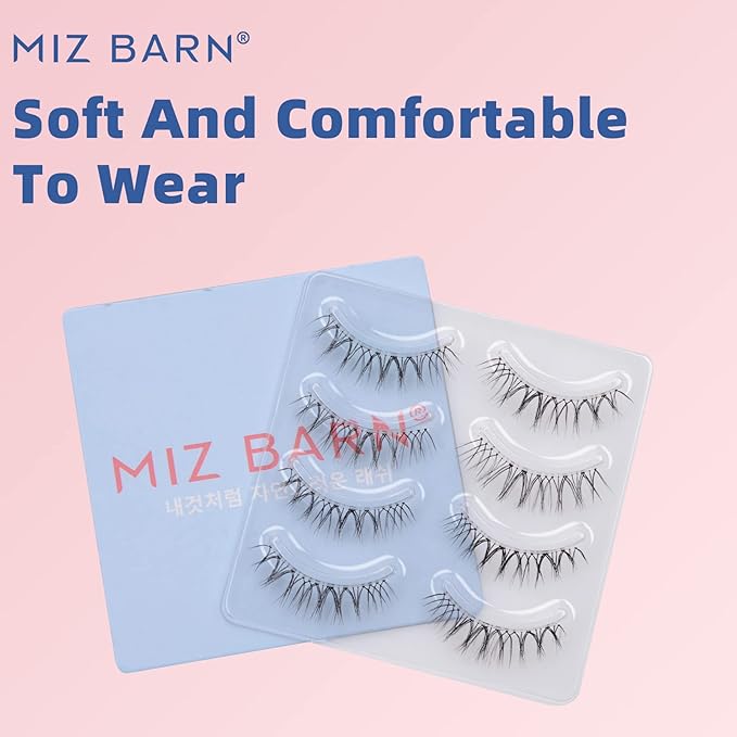 Miz Barn Daily Natural Look False Eyelashes, 4 Pairs Soft Lightweight Comfortable Short Lashes Clear Band Handmade False Eyelashes (W-7)