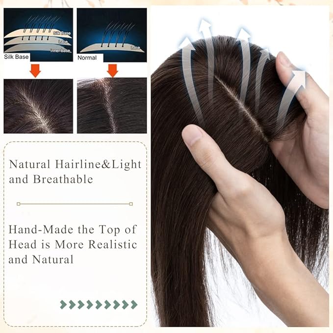 Rich Choices Hair Toppers for Women Real Human Hair 100% Human Remy Toppers NO Bangs for Women with Thinning on Top Clip in Hairpiece 4"x4.7"Lace Base 8 Inch #2 Dark Brown