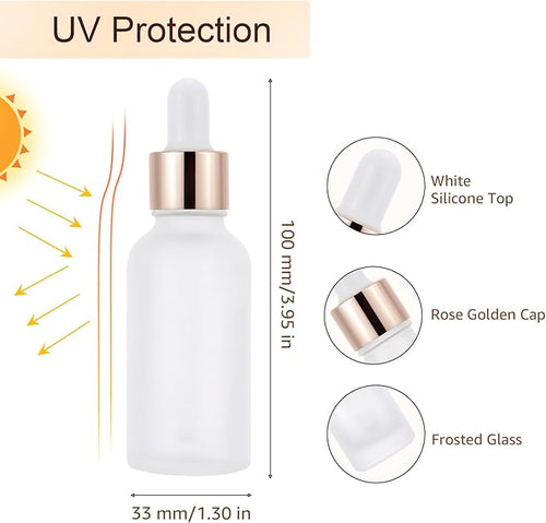 30 Pack 30ml Frosted Glass Dropper Bottles for Essential Oils, 1oz Eye Dropper Bottles with Rose Golden Caps for Travel, Small Empty Glass Tincture Vials with Droppers, Funnels & 30 Labels
