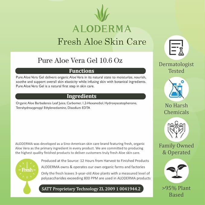 Aloderma 99% Organic Aloe Vera Gel Made within 12 Hours of Harvest - Pump Bottle - Lightweight Aloe Gel for Face and Body, Soothing and Hydrating Sunburn Relief, Great for Scalp & Hair - 6 x 10.6oz