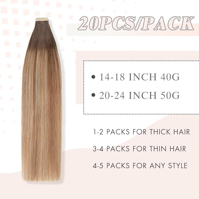 Tape in Hair Extensions Human Hair 20pcs Remy Hair Extensions 18 Inch Chestnut Brown to Light Brown Mixed Light Blonde Straight Invisible Human Hair Tape in Extensions (2/6/18K#,18 Inch)
