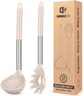 Silicone Pasta Fork and Ladle Spoon Set, Large Non Stick Kitchen Utensils for Cooking,Stirring,Serving Spaghetti, Soup, Sauce (KHAKI)