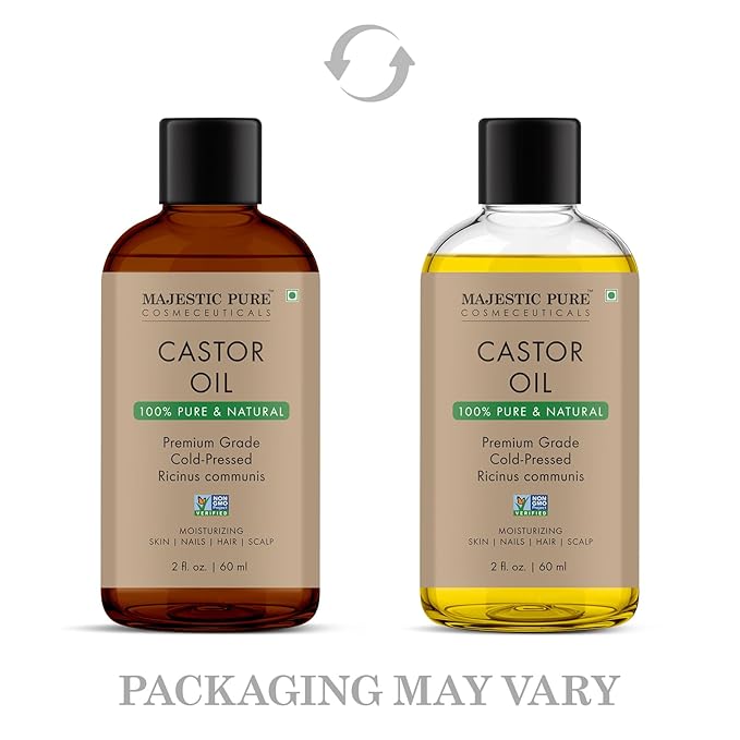 Majestic Pure Castor Oil - 100% Pure & Natural - Premium Grade, Cold Pressed, Hexane Free - Hair, Eyelashes, Eyebrows, Nails - Moisturizing & Nourishing - 2 Fl Oz