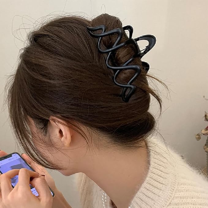 1 PCS Metal Large Claw Clips for Thick Heavy Hair, Strong Hold Big Non-Slip Hair Catch Barrette Black Wave Exquisite Design Jaw Clamp for Long Hair, Fashion Styling Hair Accessories for Women Girls