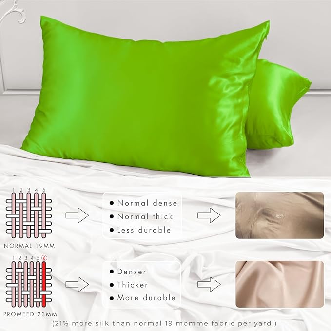 PROMEED 23 Momme Silk Toddler Pillowcase 2 Pack with Free Laundry Bag, Natural Highest Grade 6A+ 100% Mulberry Silk Pillow Case Set of 2, Zipper (Toddler/Travel 13"x18", Green)