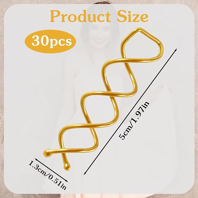 30 Pcs Spiral Hair Pins, Spin Pins for Hair, Alloy Spiral Bobby Pins, Bun Twist Spiral Hair Pins with Non-scratch Rounded Tips for Women Bun Hair Style (Gold)