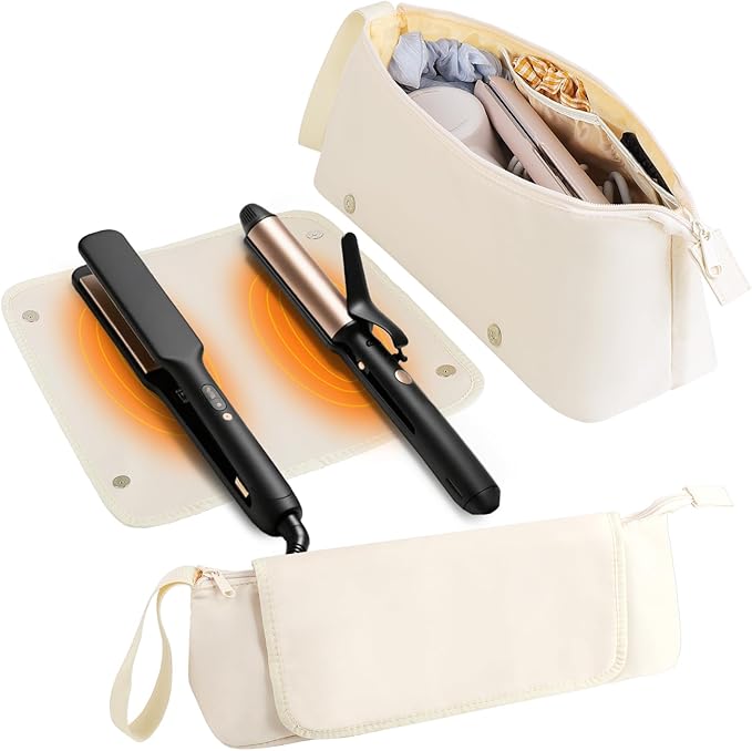 Hot Hair Tools Travel Bag with Removable Heat Resistant Mat 2 in 1 Portable Hair Tool Organizer Bags for Hair Straighteners Curling Irons Hot Air Brushes Hair Dryer Women Travel Essentials (Ivory)