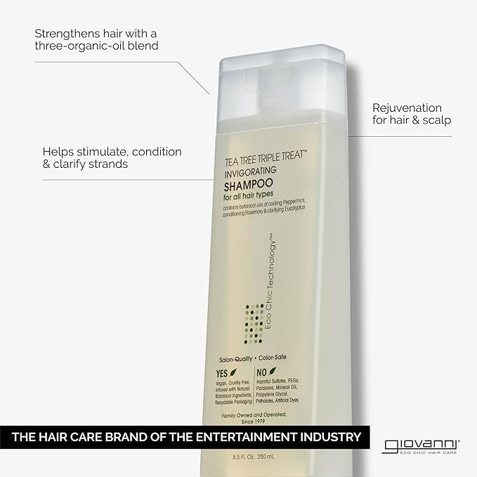 GIOVANNI Tea Tree Triple Treat Invigorating Shampoo - Cooling Peppermint, Eucalyptus & Rosemary, Helps Strengthen & Rejuvenate Hair & Scalp, Salon Quality, Paraben Free, Tea Tree Shampoo - 8.5 oz