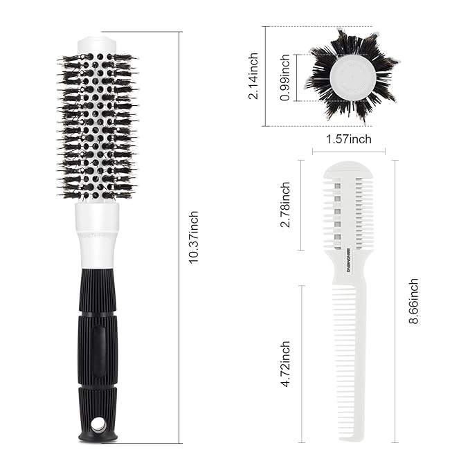 Round Brush for Blow Drying, 1 inch Small Round Barrel Hair Brushes with Ball Tip Boar Bristles, Nano Tech Thermal Ceramic Ionic, Double Edge Razor Comb for Hair Cutting Included