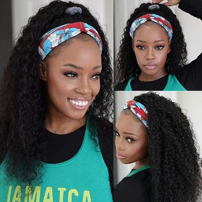 KLAIYI Headband Human Hair Wig Water Wave Curly Non Lace Front Wigs for Black Women Deep Wave Glueless Wear and Go Half Wig 30S Ready to Go Wig with Band Beginner Friendly 180% Natural Hairline 24Inch