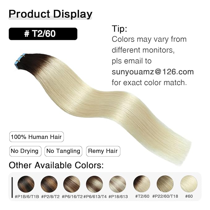 SUYYA Tape in Hair Extensions Human Hair Ombre Darkest Brown to Platinum Blonde 14 Inch 40g/pack 20pcs Straight Seamless Skin Weft Tape in Real Human Hair Extensions(14inch #T2/60)