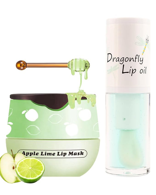 2Pcs Apple Lime Lip Bee Balm Honey Pot Lip Mask & Lip Glowy Oil Lip Gloss Care Set, Propolis Moisturizing & Nourish Lip Gloss Repair, Plump Dry Cracked Lip Scrub Exfoliator bálsamo para labios -Set D