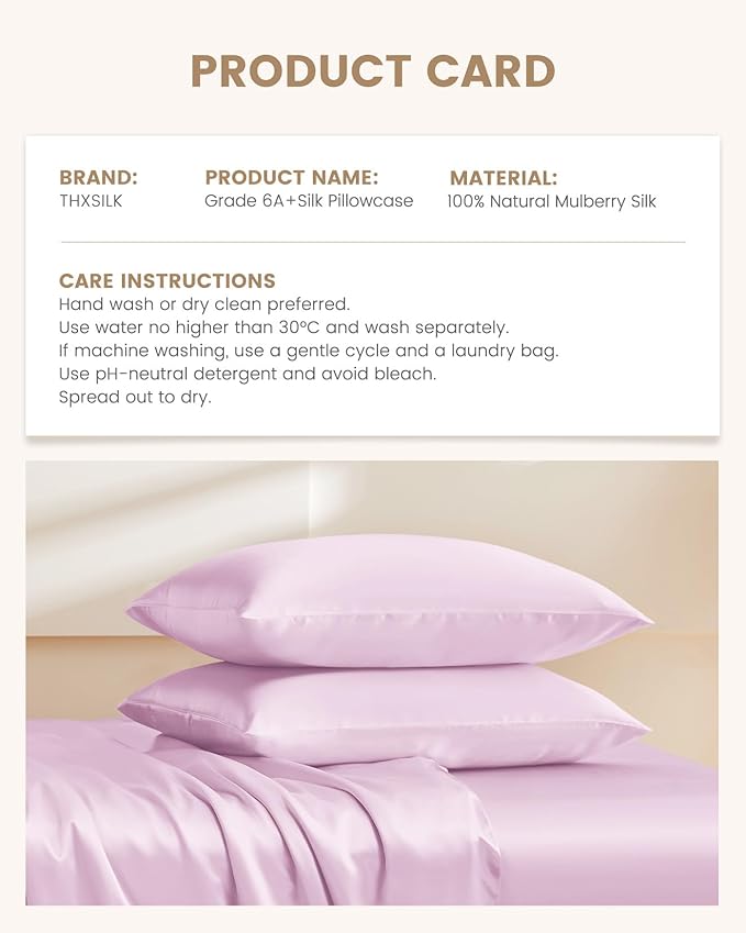 THXSILK 100% Mulberry Silk Pillowcase for Hair and Skin Health, Soft Breathable and Smooth Pillowcase with Hidden Zipper, Both Sides Premium Grade 6A+ Silk, 1pc (Standard 20"x26", Light Purple)