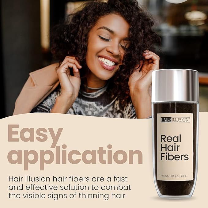 Hair Illusion Dark Brown Real Hair Fibers for Thinning Hair - 100% Natural Texture, Non Synthetic Hair Fibers - Bald Spot Cover Up for Women & Men - 38 Gram