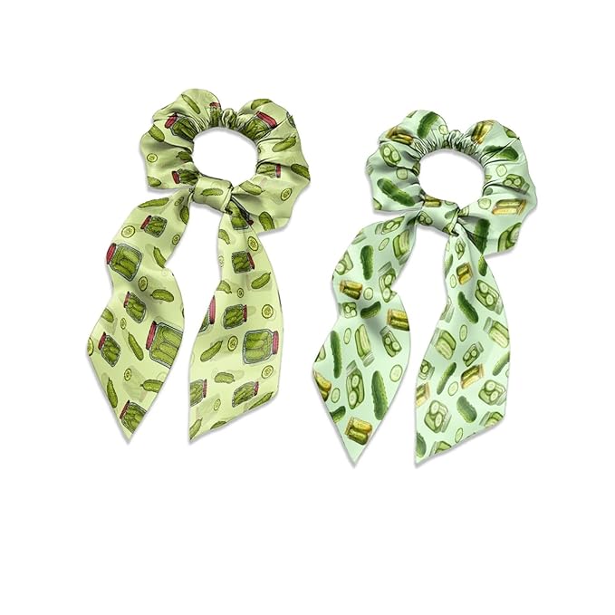 2 Pcs Light Green Yoga Hair Scrunchies with Ribbon Pickle Ribbon Scrunchies for Ponytail Womens Elastic Satin Hair Ties Knotte Bow