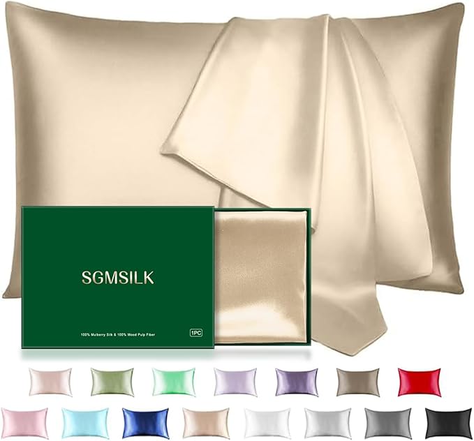 Mulberry Silk Pillowcase for Hair and Skin, SGMSILK 22 Momme Natural Silk Pillow Cases with Zipper, 6A Soft and Smooth Single Sided Pure Silk Pillow Cover (Champagne, Queen 20"x30")