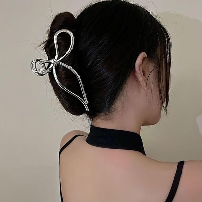 Silvery Bowknot Metal Hair Clips - Elegant Non-Slip Strong Hold Grip Jaw Clips for Thick Hair Accessories