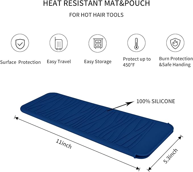 Silicone Heat Resistant Travel Mat Pouch for Hair Styling Tools (Navy Blue, 1 Pack)