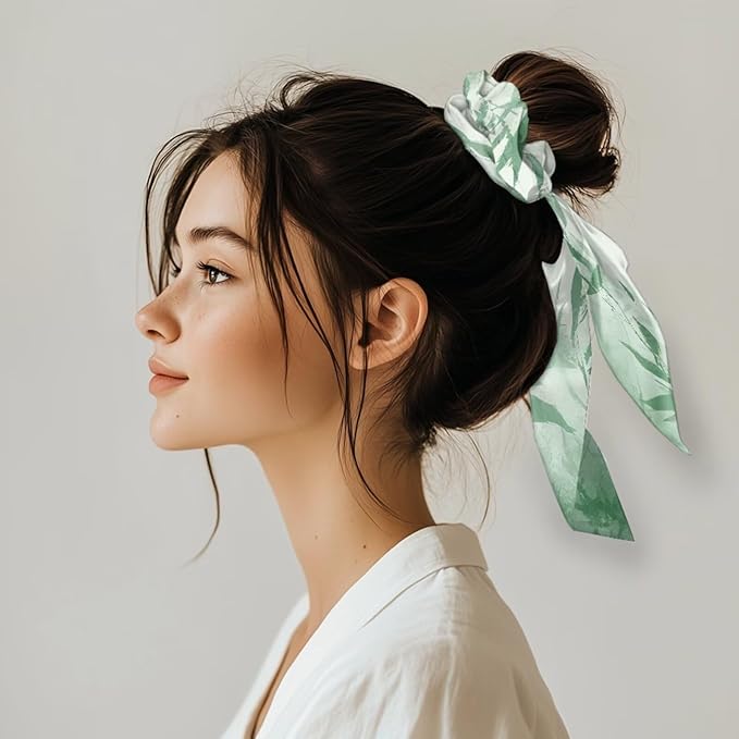Green Bamboo Print Satin Hair Ties No Damage Long Hair 2 Pcs Floral Blue Knotted Bow Hair Scrunchies Elastic Scarf Scrunchies for Women Girls